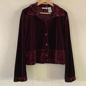 Studio Ease Y2K Burgundy Velvet Long Sleeve Button Down Crop Top Stretchy Sz. 12